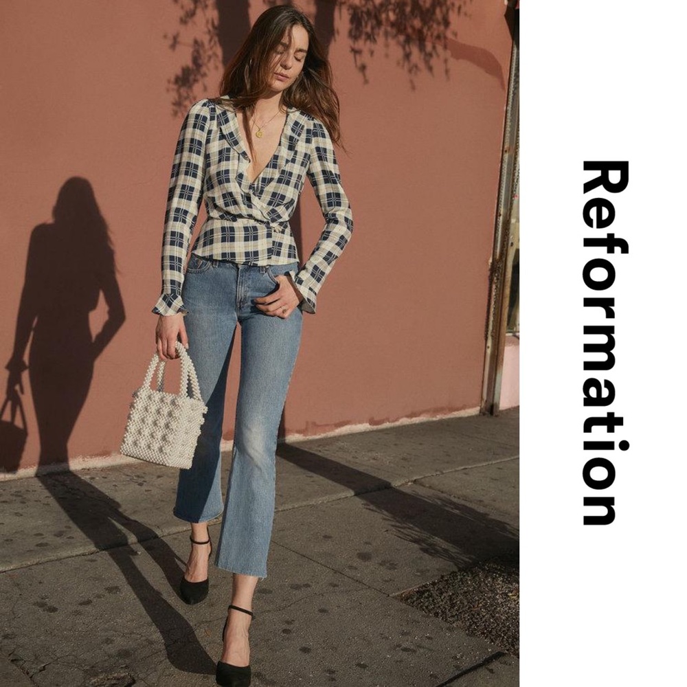 Reformation Plaid Wrap Blouse - Navy and White